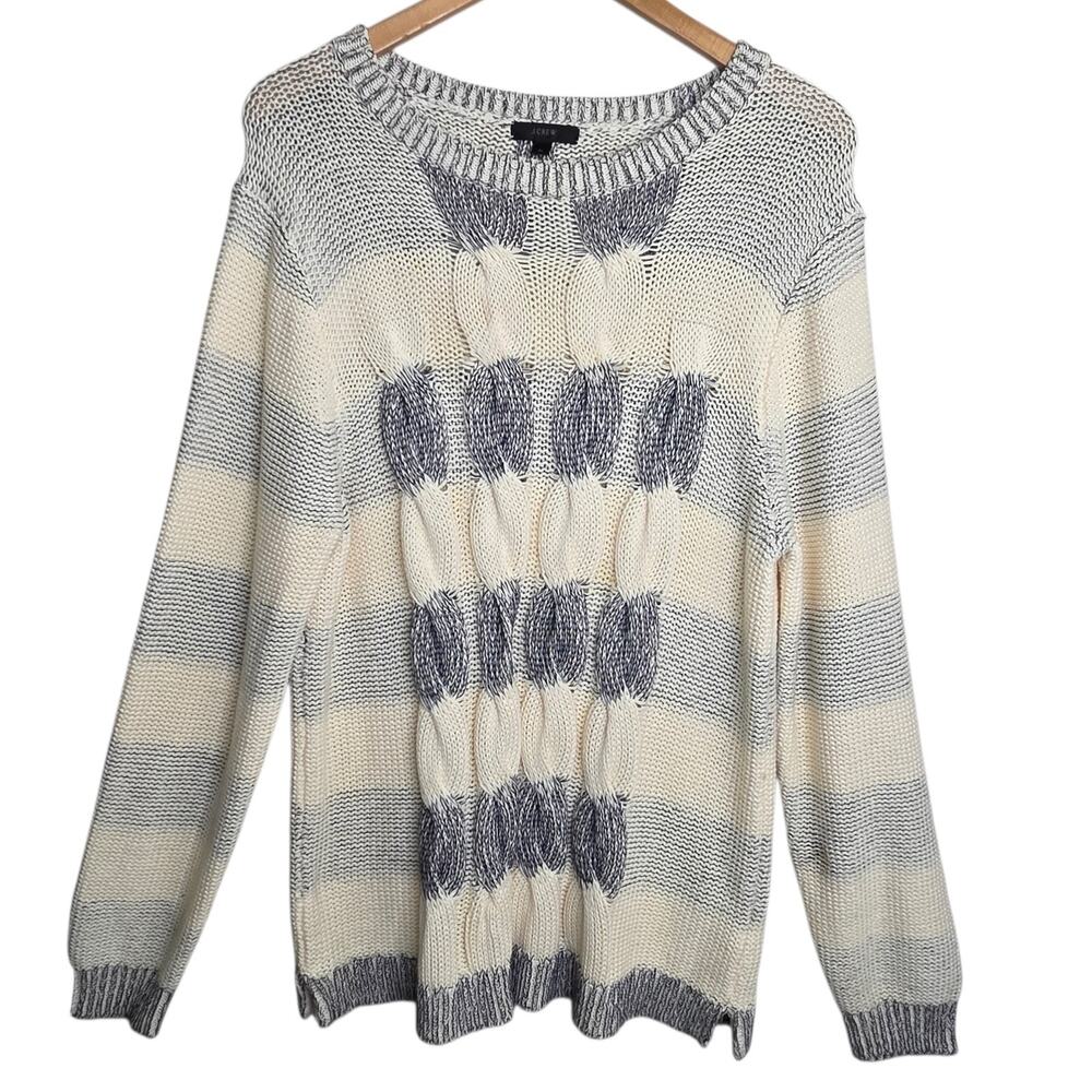 J Crew Womens Sweater Placed Cable Knit Cotton Cream Gray Stripes SZ XL‎ Preppy